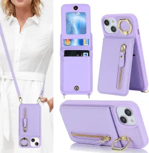 for iPhone 13 Mini Phone Case with Card Holder and Strap for Women, Crossbody Bag with Ring Stand Zipper Wallet Case for Apple13mini Purse - Purple