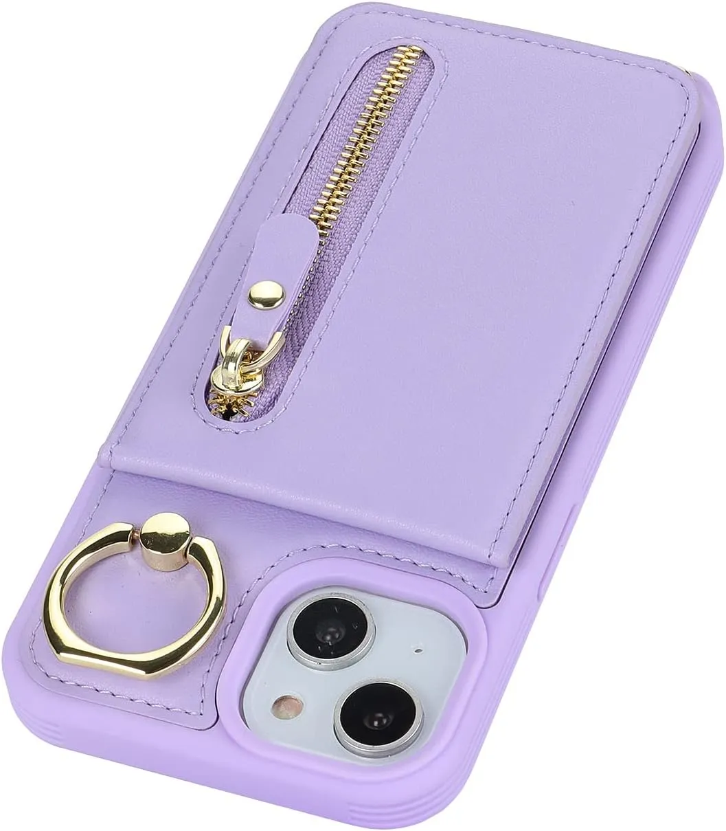 for iPhone 13 Mini Phone Case with Card Holder and Strap for Women, Crossbody Bag with Ring Stand Zipper Wallet Case for Apple13mini Purse - Purple