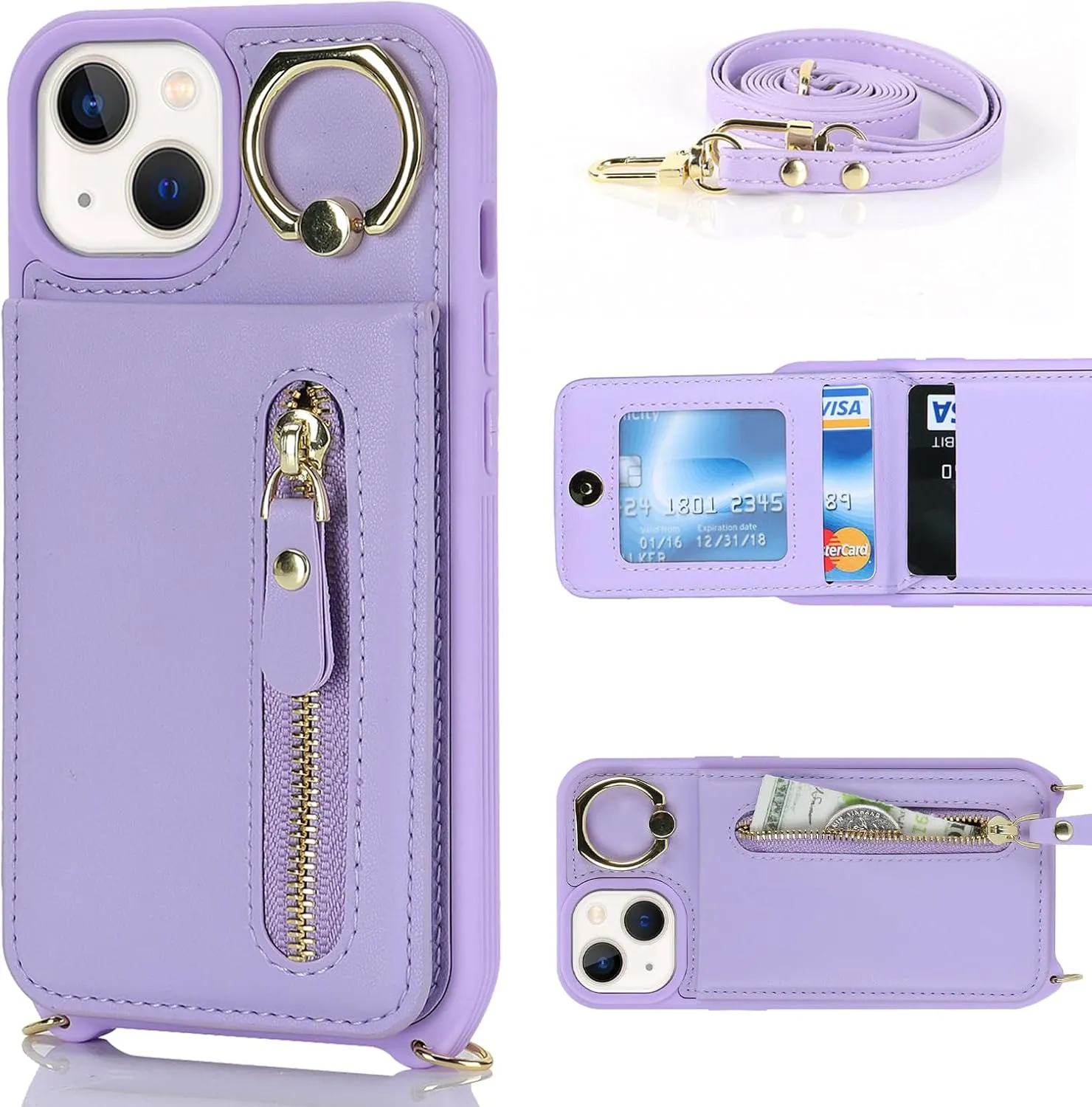 for iPhone 13 Mini Phone Case with Card Holder and Strap for Women, Crossbody Bag with Ring Stand Zipper Wallet Case for Apple13mini Purse - Purple