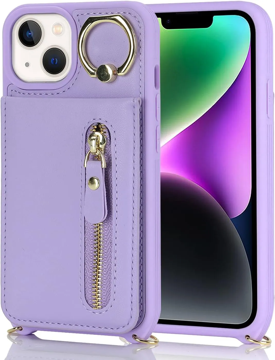 for iPhone 13 Mini Phone Case with Card Holder and Strap for Women, Crossbody Bag with Ring Stand Zipper Wallet Case for Apple13mini Purse - Purple