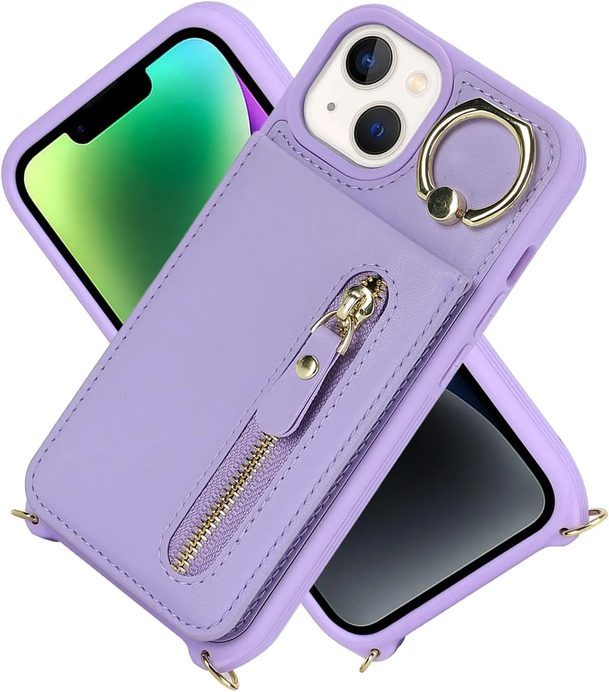 for iPhone 13 Mini Phone Case with Card Holder and Strap for Women, Crossbody Bag with Ring Stand Zipper Wallet Case for Apple13mini Purse - Purple