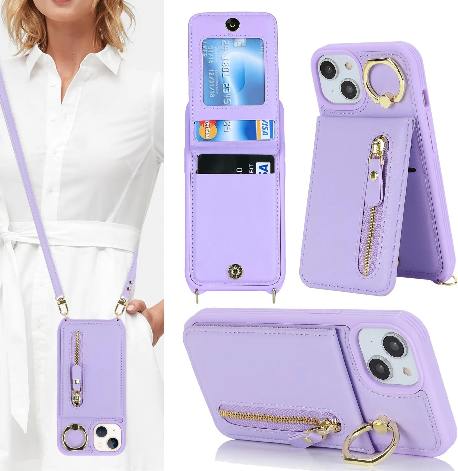 for iPhone 13 Mini Phone Case with Card Holder and Strap for Women, Crossbody Bag with Ring Stand Zipper Wallet Case for Apple13mini Purse - Purple