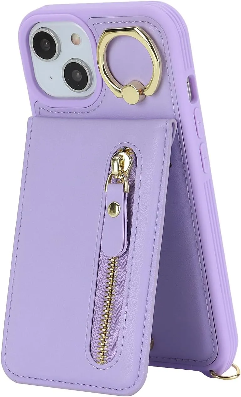 for iPhone 13 Mini Phone Case with Card Holder and Strap for Women, Crossbody Bag with Ring Stand Zipper Wallet Case for Apple13mini Purse - Purple