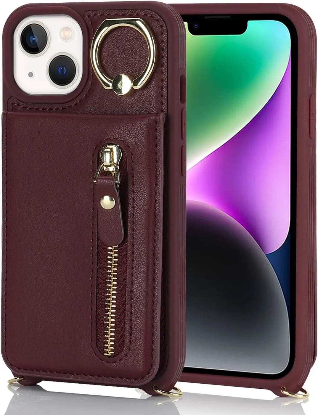 for iPhone 14 Phone Case with Card Holder and Strap for Women, Crossbody Bag with Ring Stand Zipper Wallet Case for Apple14 Purse - Red Wine