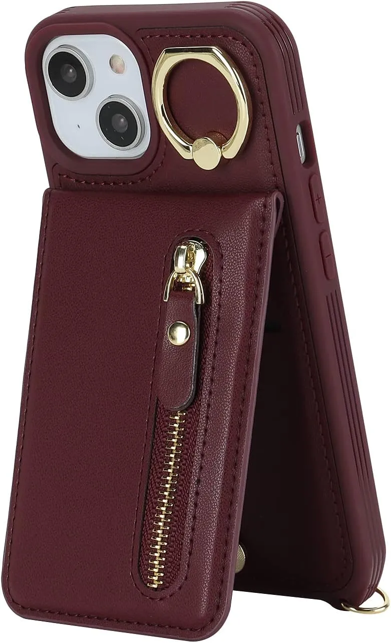 for iPhone 14 Phone Case with Card Holder and Strap for Women, Crossbody Bag with Ring Stand Zipper Wallet Case for Apple14 Purse - Red Wine
