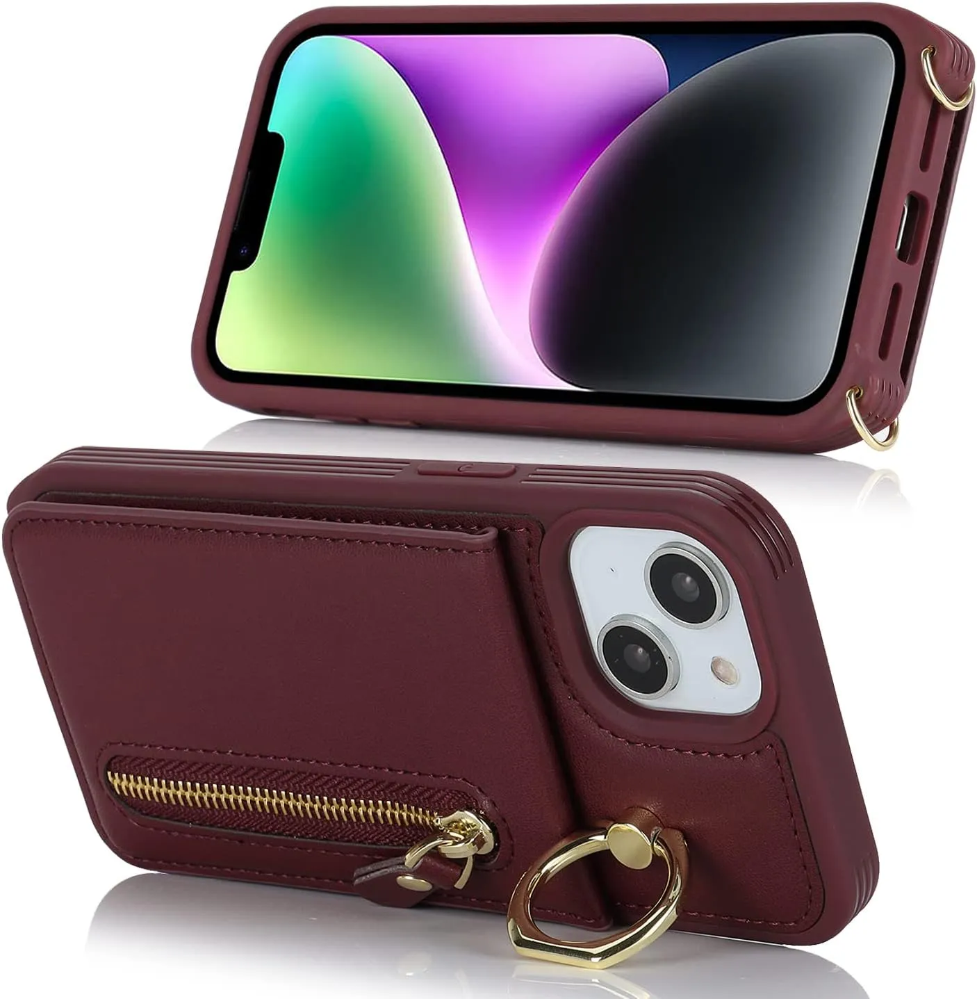 for iPhone 14 Phone Case with Card Holder and Strap for Women, Crossbody Bag with Ring Stand Zipper Wallet Case for Apple14 Purse - Red Wine