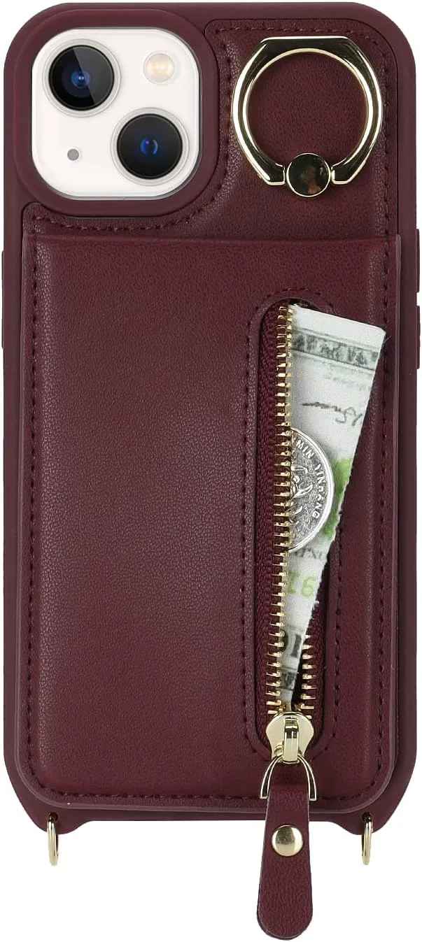 for iPhone 14 Phone Case with Card Holder and Strap for Women, Crossbody Bag with Ring Stand Zipper Wallet Case for Apple14 Purse - Red Wine
