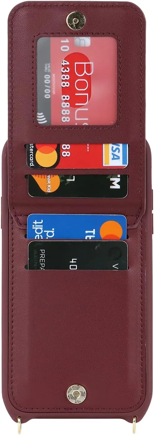 for iPhone 14 Phone Case with Card Holder and Strap for Women, Crossbody Bag with Ring Stand Zipper Wallet Case for Apple14 Purse - Red Wine
