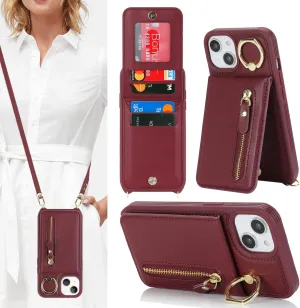 for iPhone 14 Phone Case with Card Holder and Strap for Women, Crossbody Bag with Ring Stand Zipper Wallet Case for Apple14 Purse - Red Wine