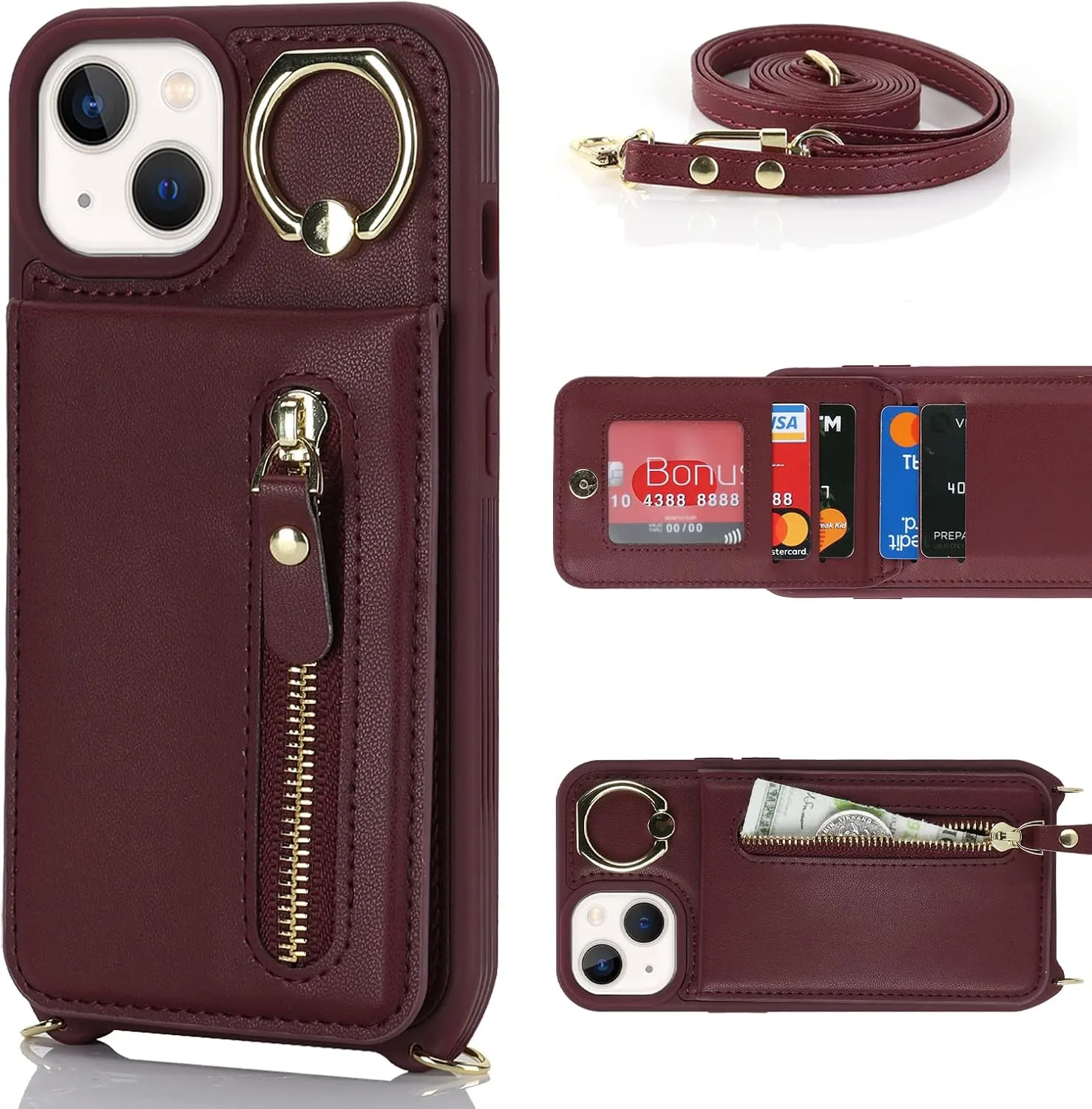 for iPhone 14 Phone Case with Card Holder and Strap for Women, Crossbody Bag with Ring Stand Zipper Wallet Case for Apple14 Purse - Red Wine