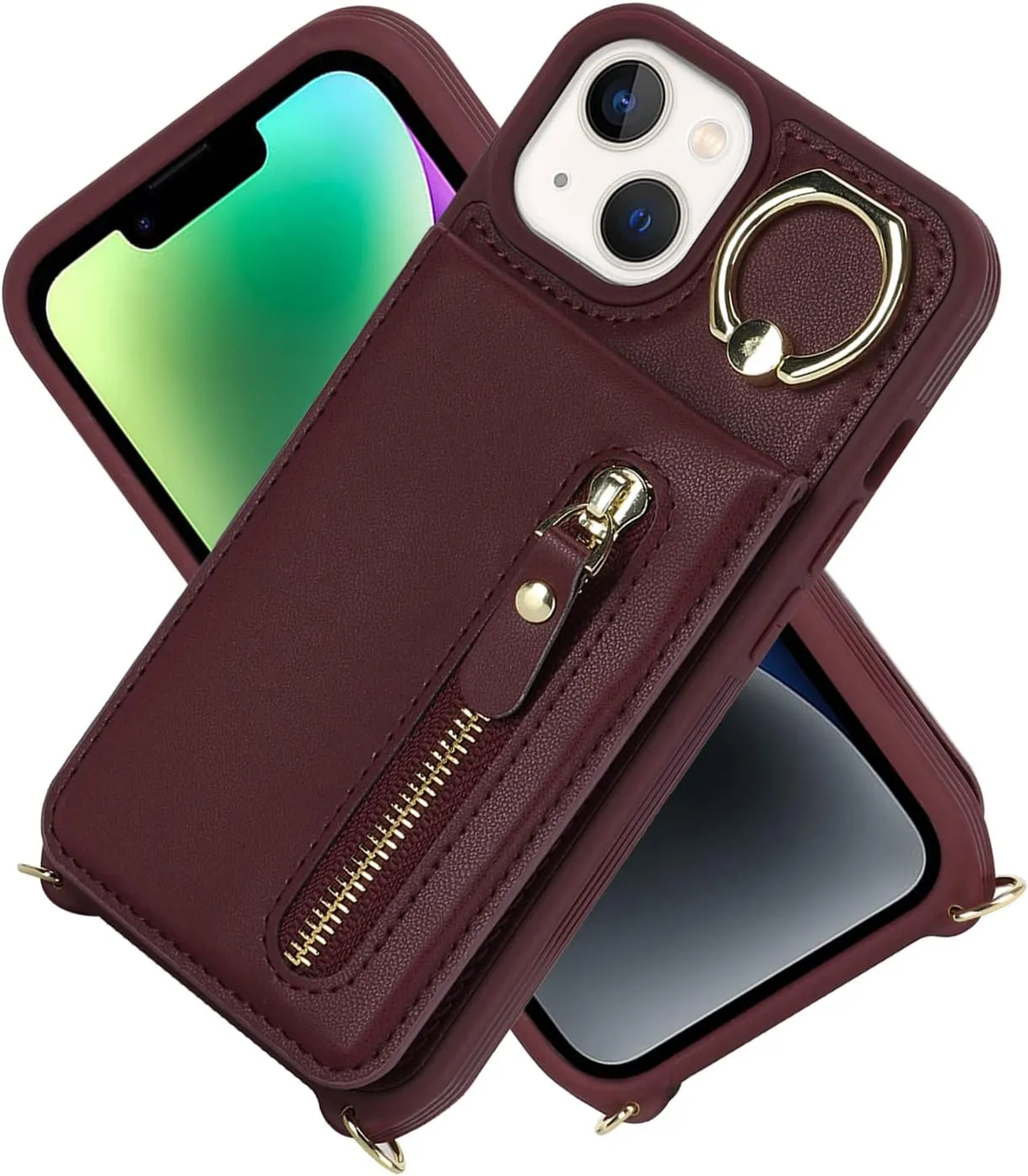 for iPhone 14 Phone Case with Card Holder and Strap for Women, Crossbody Bag with Ring Stand Zipper Wallet Case for Apple14 Purse - Red Wine