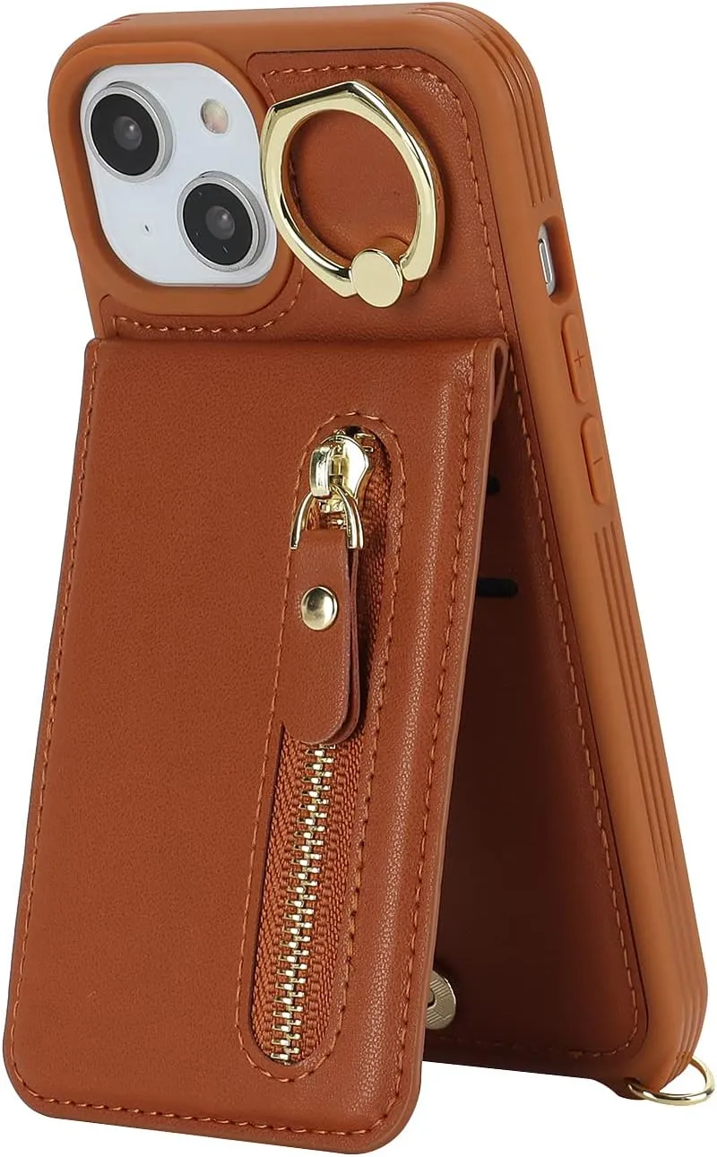 for iPhone 14 Plus Phone Case with Card Holder and Strap for Women, Crossbody Bag with Ring Stand Zipper Wallet Case for Apple14Plus Purse - Brown