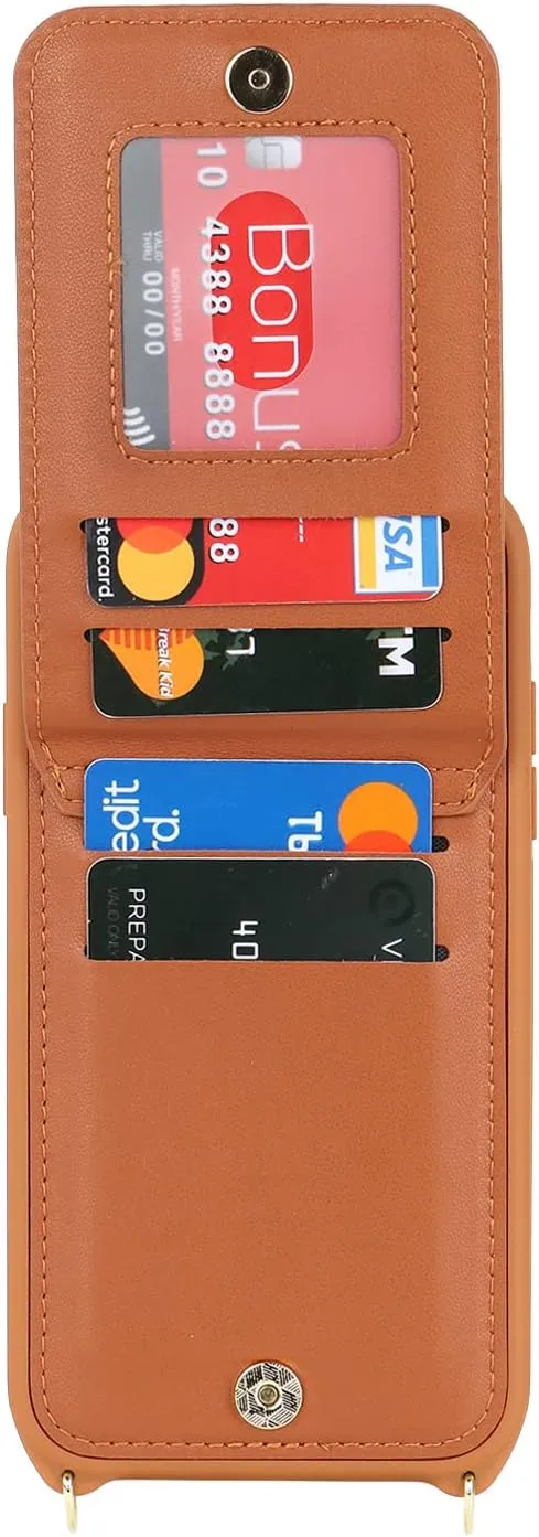 for iPhone 14 Plus Phone Case with Card Holder and Strap for Women, Crossbody Bag with Ring Stand Zipper Wallet Case for Apple14Plus Purse - Brown