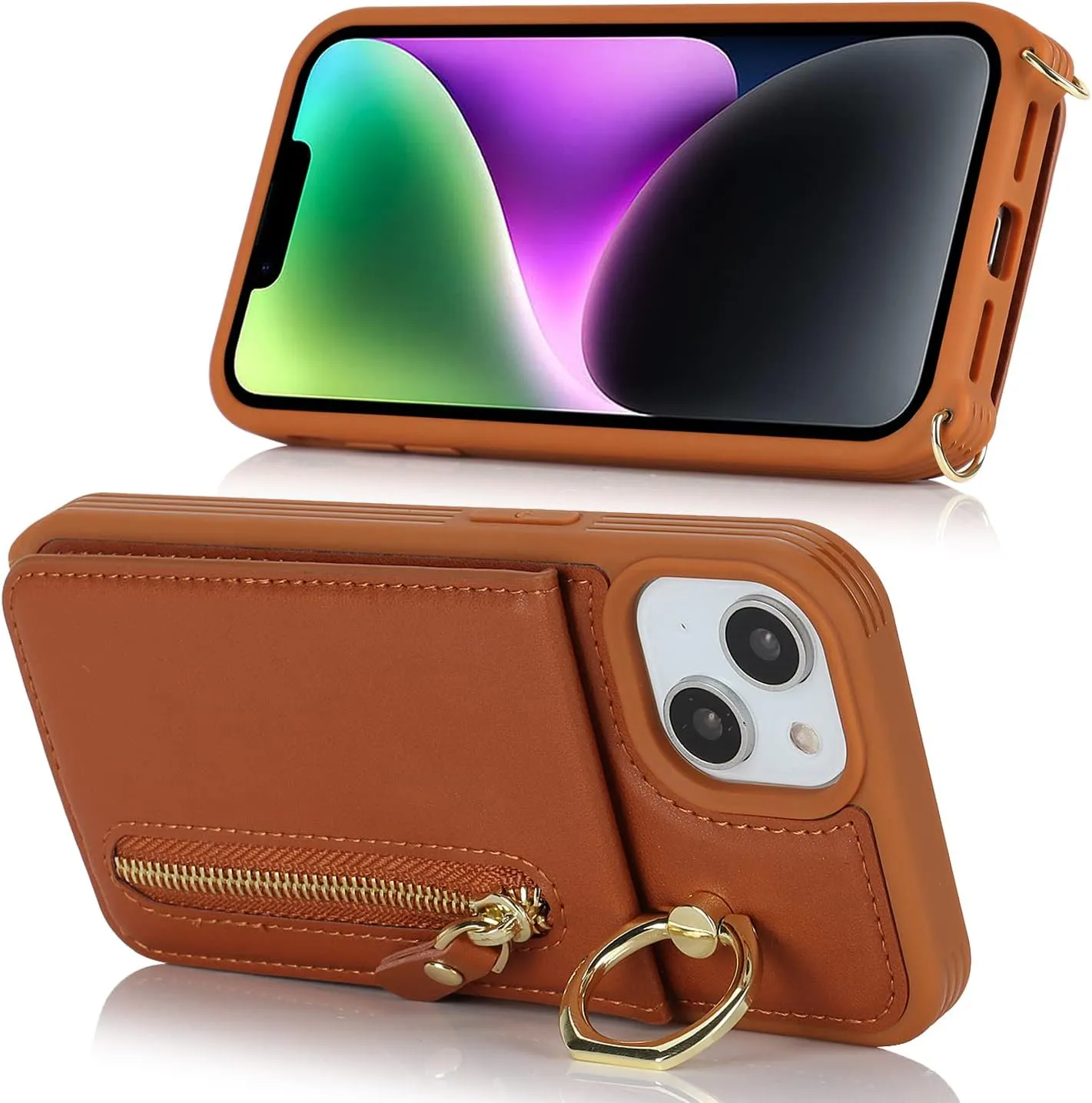 for iPhone 14 Plus Phone Case with Card Holder and Strap for Women, Crossbody Bag with Ring Stand Zipper Wallet Case for Apple14Plus Purse - Brown