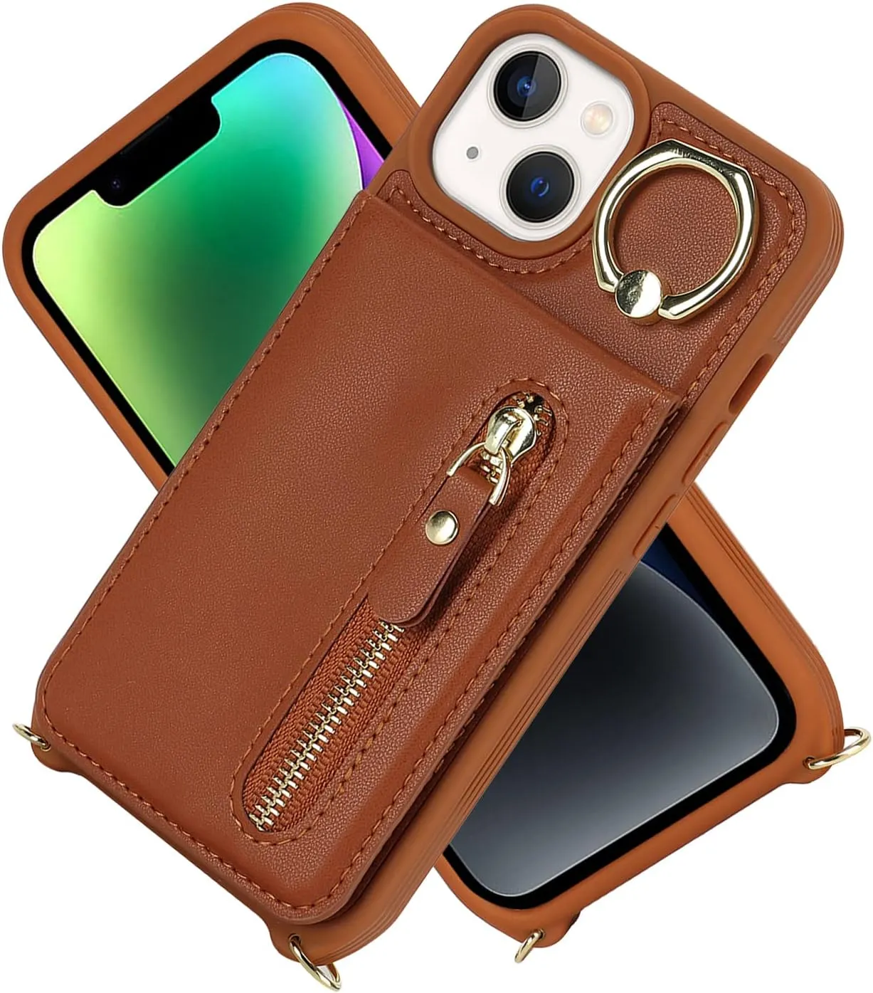 for iPhone 14 Plus Phone Case with Card Holder and Strap for Women, Crossbody Bag with Ring Stand Zipper Wallet Case for Apple14Plus Purse - Brown