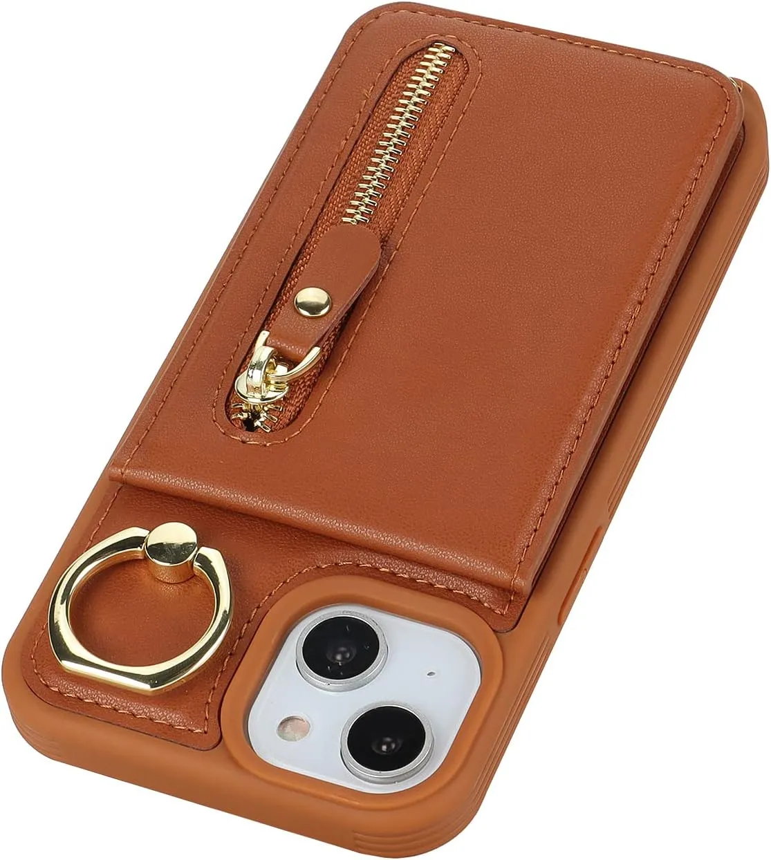 for iPhone 14 Plus Phone Case with Card Holder and Strap for Women, Crossbody Bag with Ring Stand Zipper Wallet Case for Apple14Plus Purse - Brown