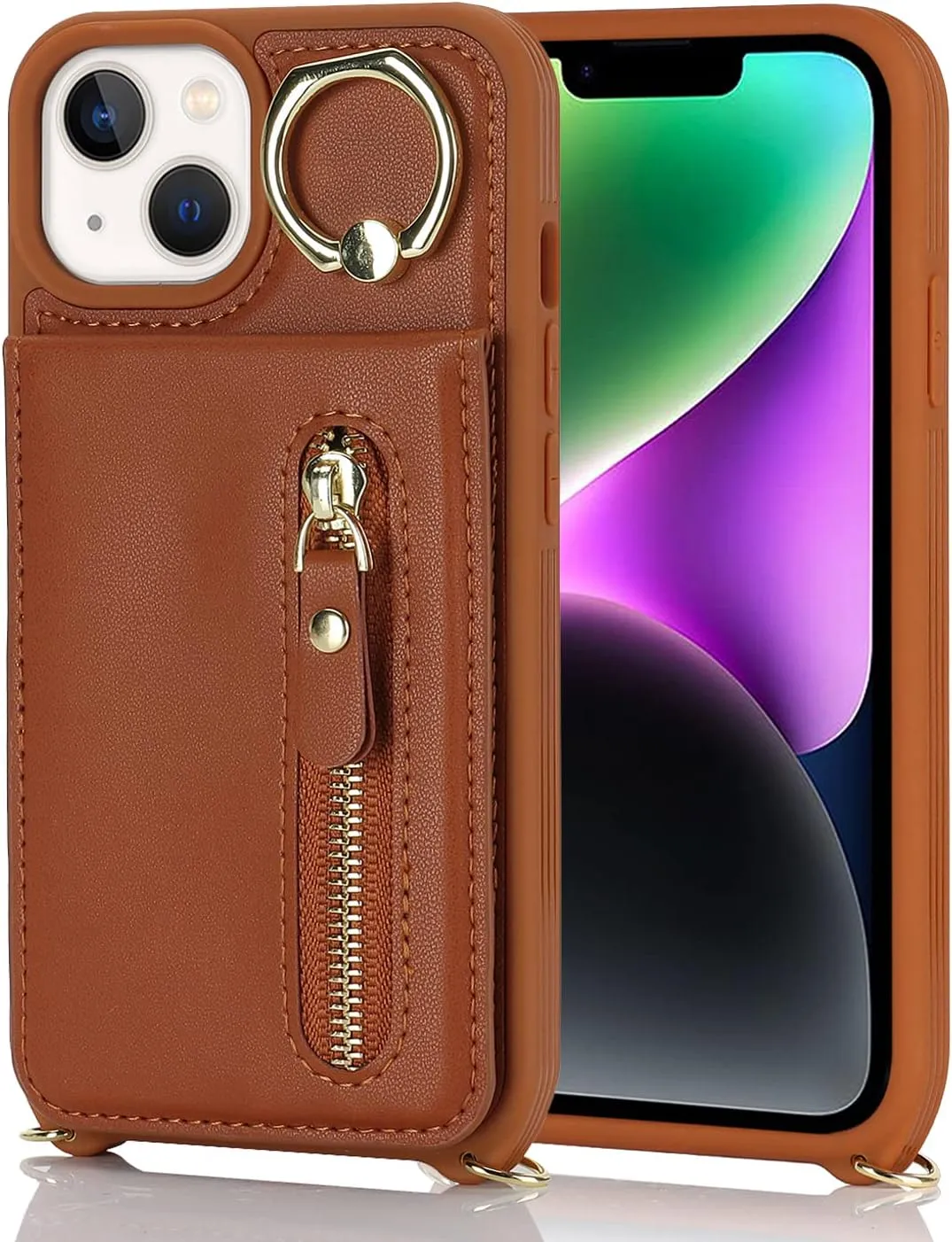 for iPhone 14 Plus Phone Case with Card Holder and Strap for Women, Crossbody Bag with Ring Stand Zipper Wallet Case for Apple14Plus Purse - Brown