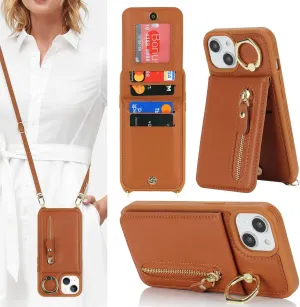 for iPhone 14 Plus Phone Case with Card Holder and Strap for Women, Crossbody Bag with Ring Stand Zipper Wallet Case for Apple14Plus Purse - Brown