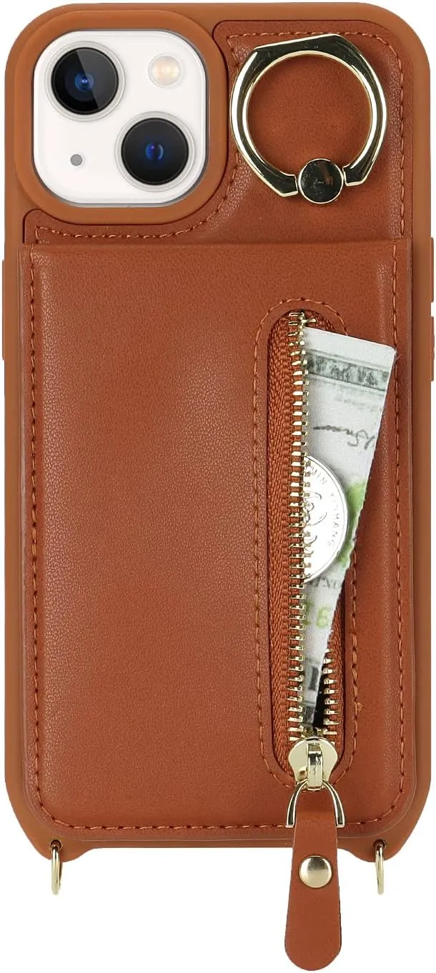 for iPhone 14 Plus Phone Case with Card Holder and Strap for Women, Crossbody Bag with Ring Stand Zipper Wallet Case for Apple14Plus Purse - Brown