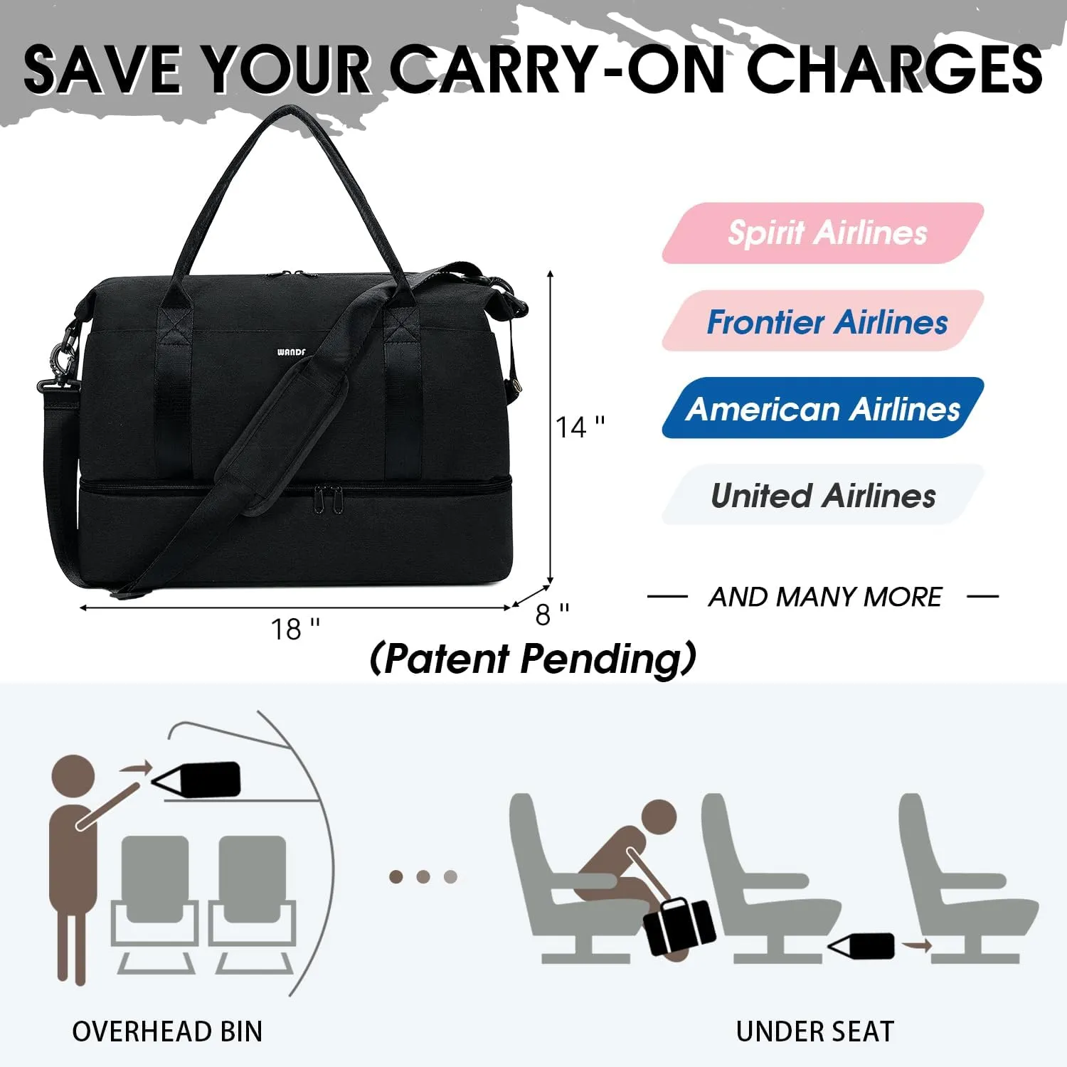 For Spirit Airlines 18x14x8 Personal Item Bag Underseat Carry On Bag with Wet Pocket & Shoe Compartment & USB Charging Port