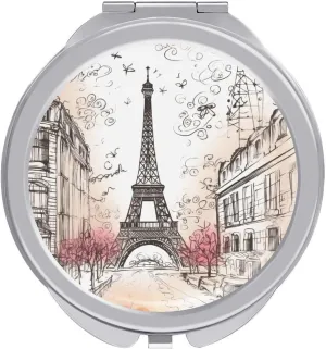 French Paris Tour Eiffel Tower Travel Makeup Mirror Portable Double Sided Folding Mirror 1X/2X Magnifying Round Vanity Mirror for Home Office Women Purse Handbag Wallet