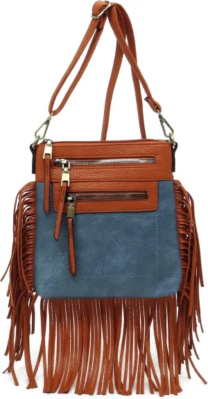 Fringe Tassel Cross Body Bag Vintage Shoulder Handbag Multi Zip Pocket Western Fringe Purse