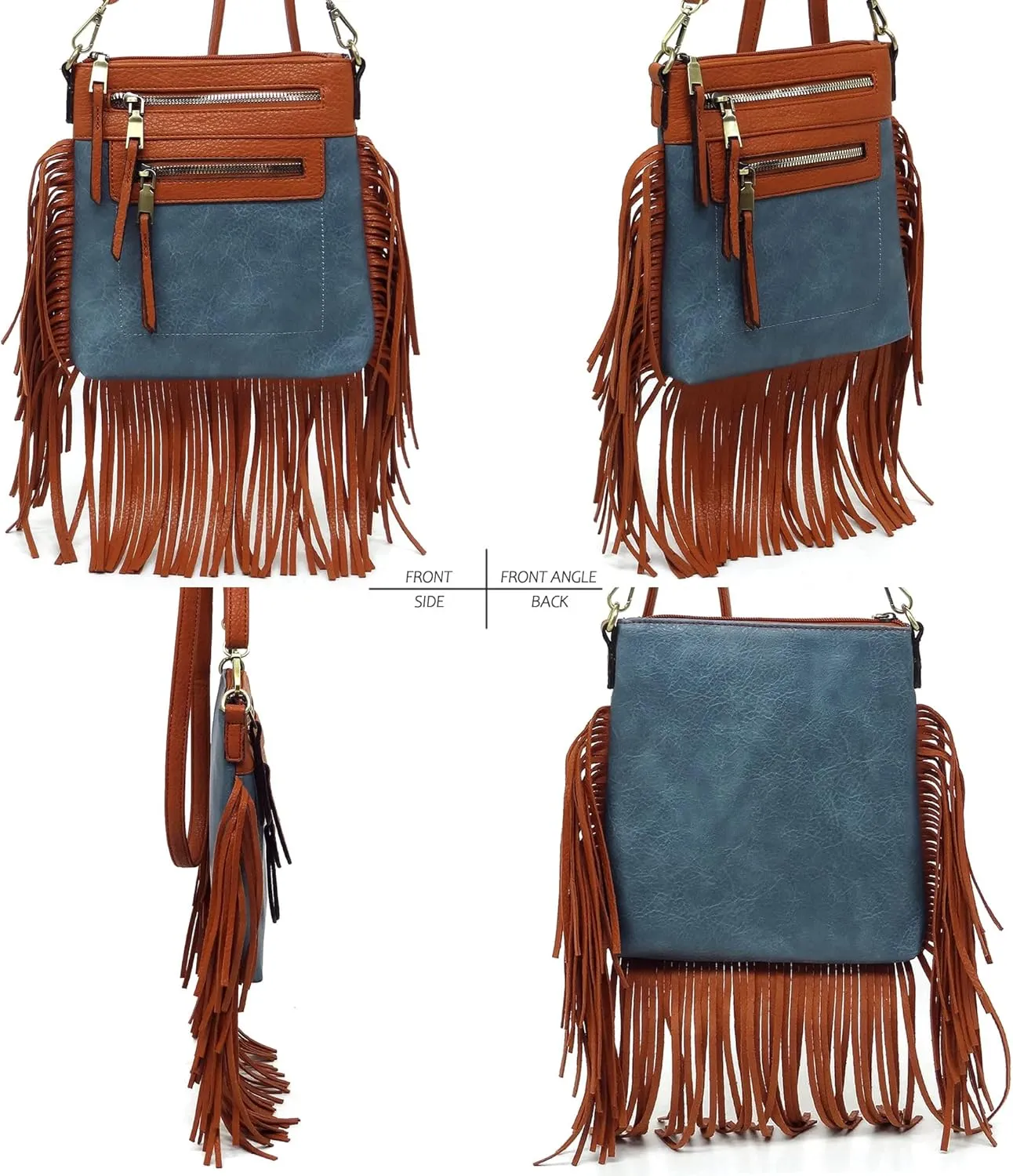 Fringe Tassel Cross Body Bag Vintage Shoulder Handbag Multi Zip Pocket Western Fringe Purse