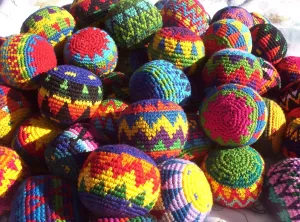 Funny Guy Mugs Hacky Sacks, Multicolored Crochet Assorted Geometric Pattern Hacky Ball, Foot Bag Kick Sack, Indoor and Outdoor Toys for Kids and Adults, Set of 6