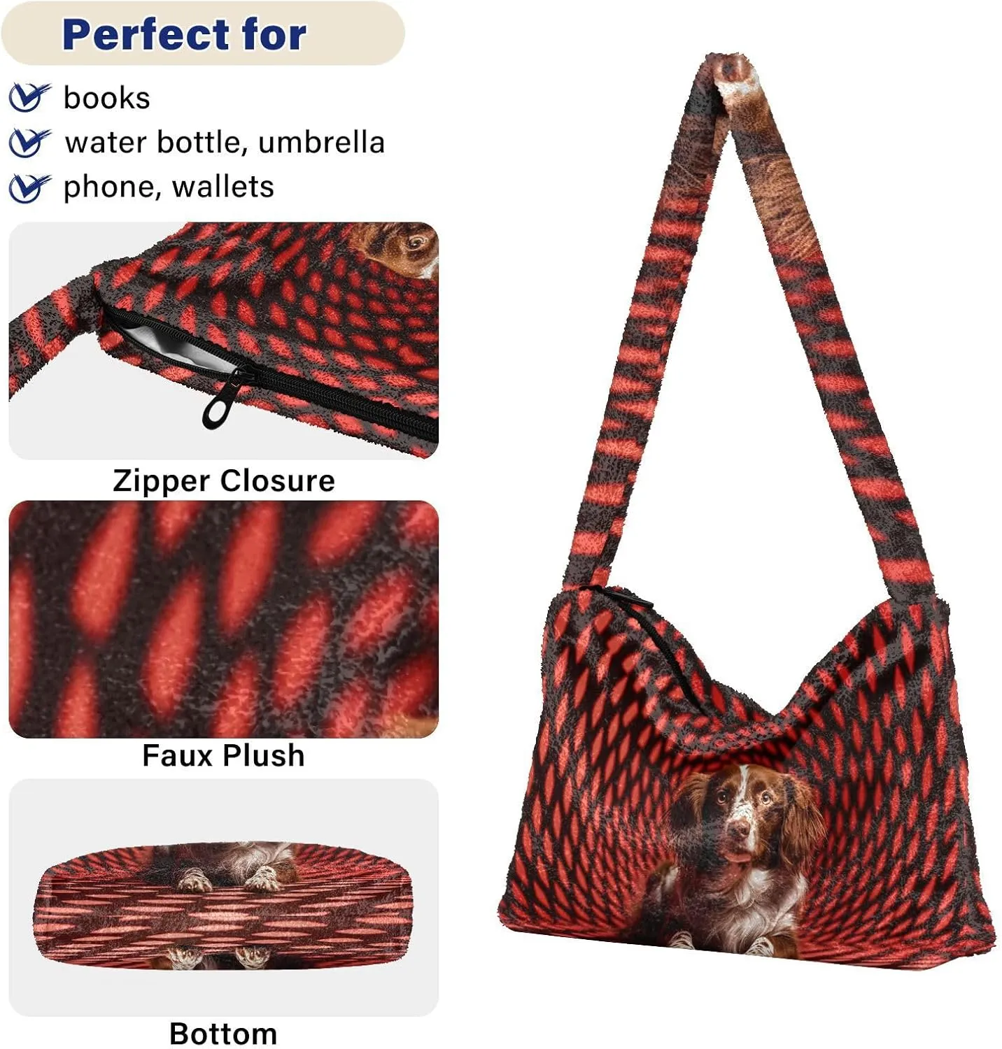 GAIGEO Black Red Square Geometric Space Puppy Womens Shoulder Bag, Shoulder Bag with Pocket, Autumn Handbags