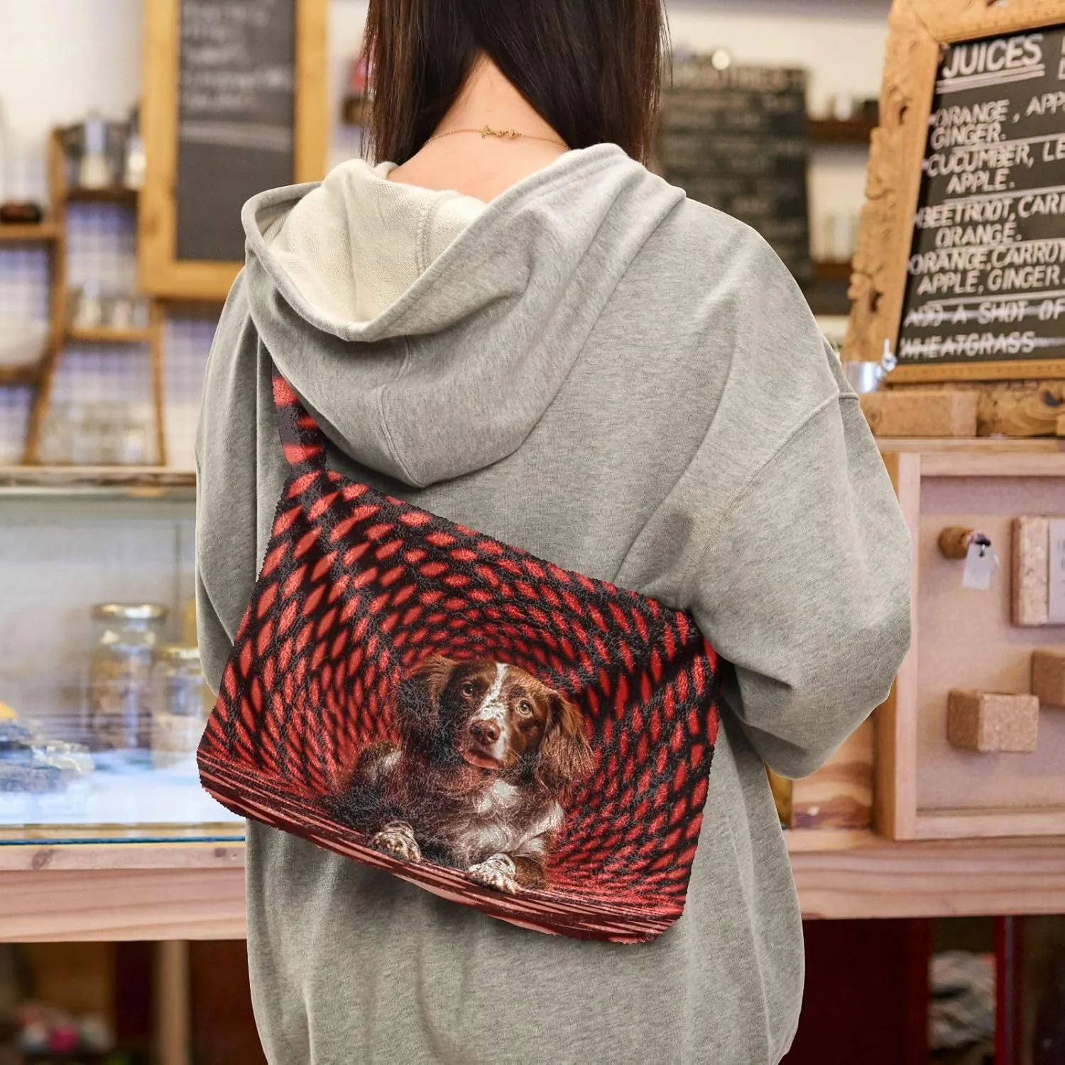GAIGEO Black Red Square Geometric Space Puppy Womens Shoulder Bag, Shoulder Bag with Pocket, Autumn Handbags