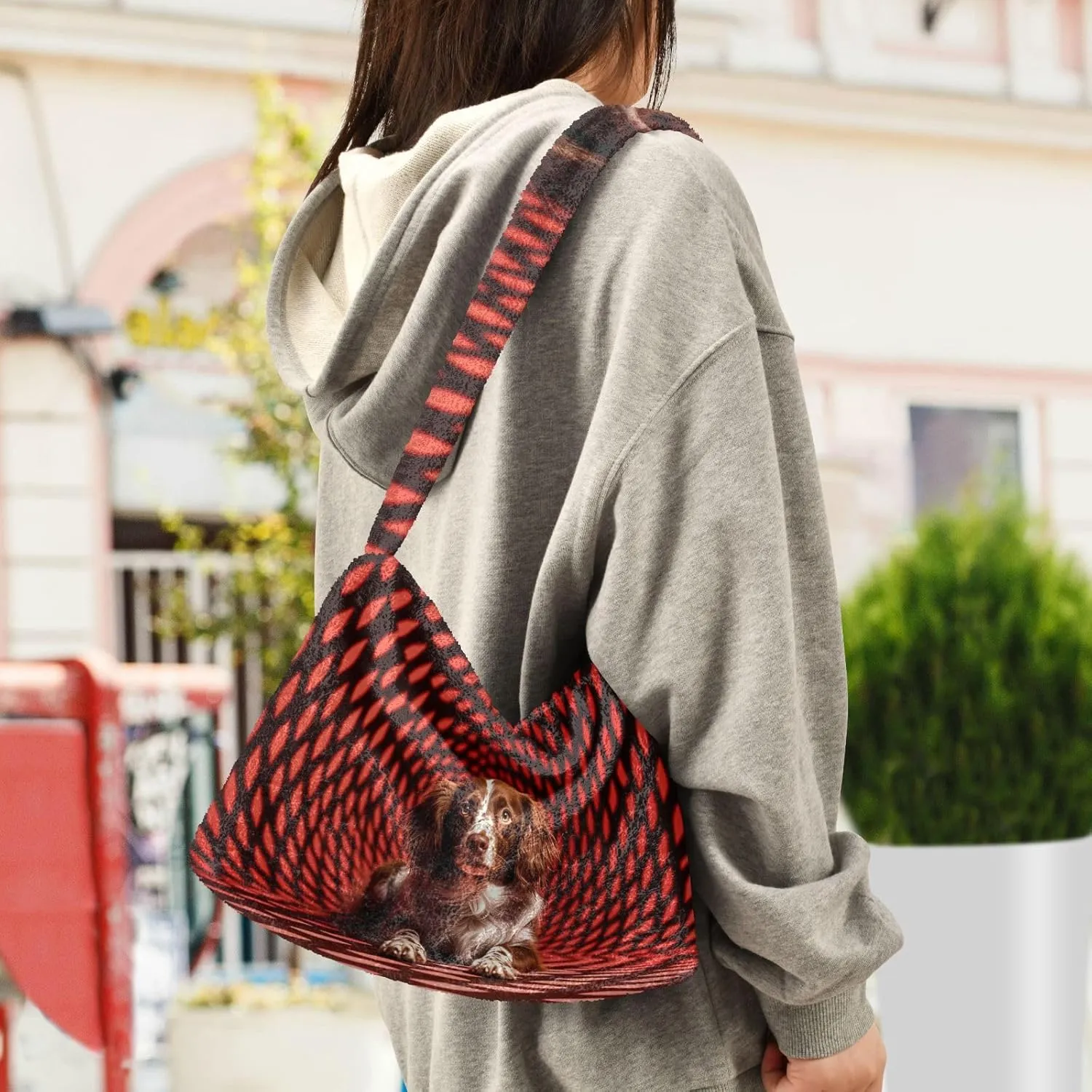 GAIGEO Black Red Square Geometric Space Puppy Womens Shoulder Bag, Shoulder Bag with Pocket, Autumn Handbags