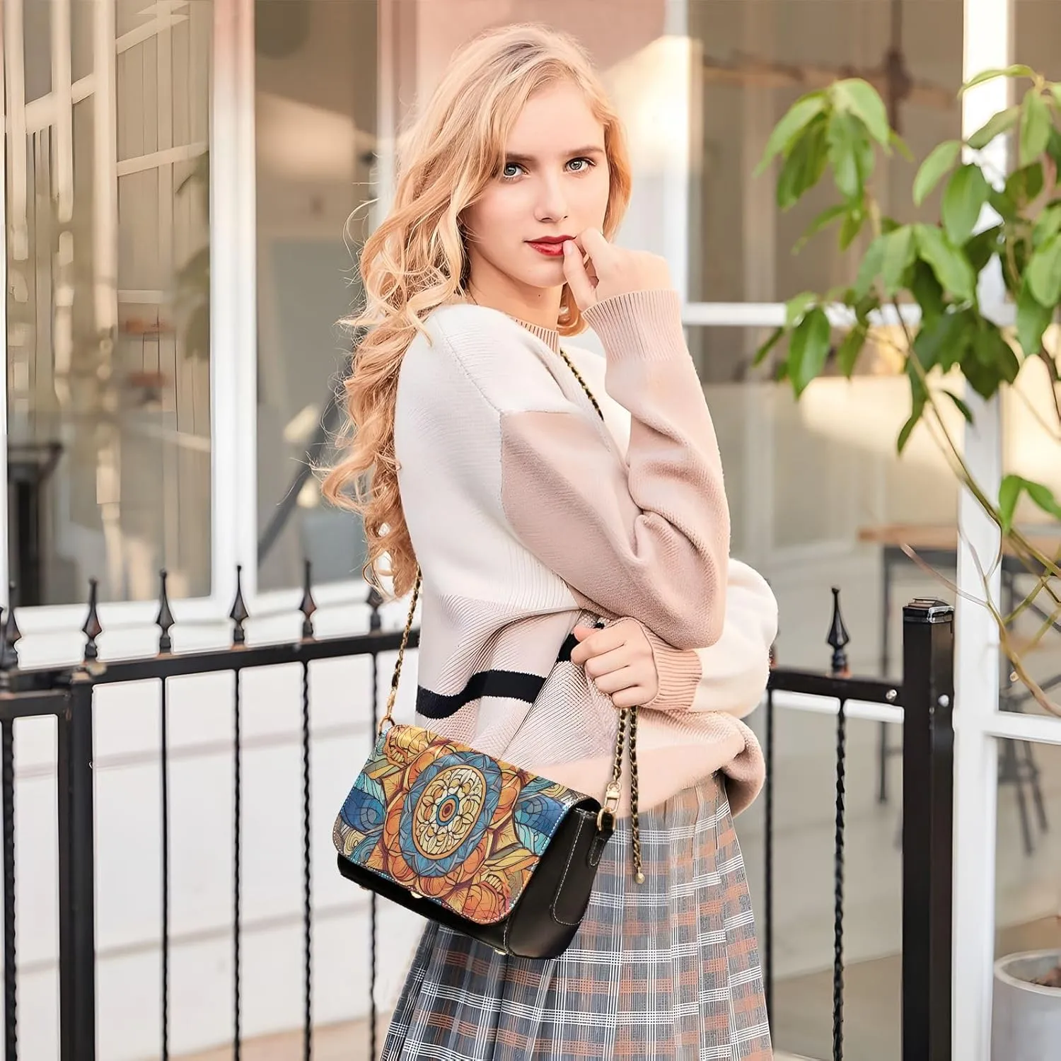 GAIGEO Mandala Tile Mingles with Geometric Leather Women Crossbody Bag, Leather Purses for Women Medium Size