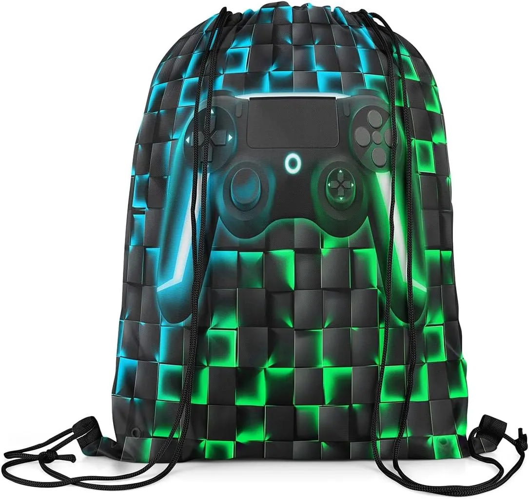 Gaming Drawstring Backpack 13x15.7,Gamer 3D Geometric Ombre Gamepad String Bag,Neon Lights Video Game Reversible Sackpack for Sport Gym Swim Yoga Camping,Green Blue