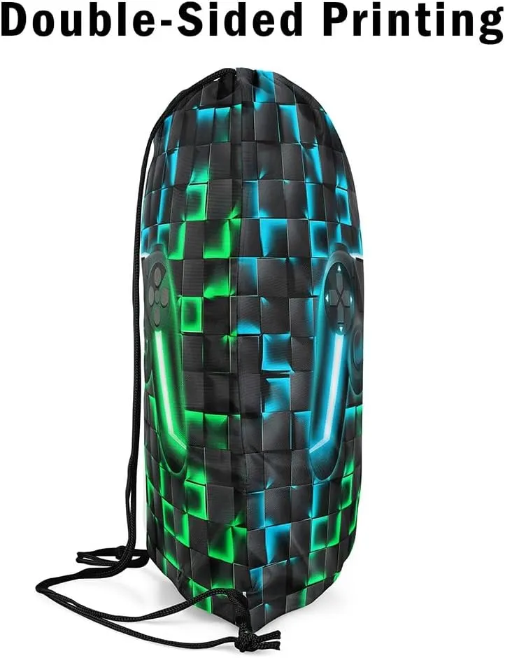 Gaming Drawstring Backpack 13x15.7,Gamer 3D Geometric Ombre Gamepad String Bag,Neon Lights Video Game Reversible Sackpack for Sport Gym Swim Yoga Camping,Green Blue