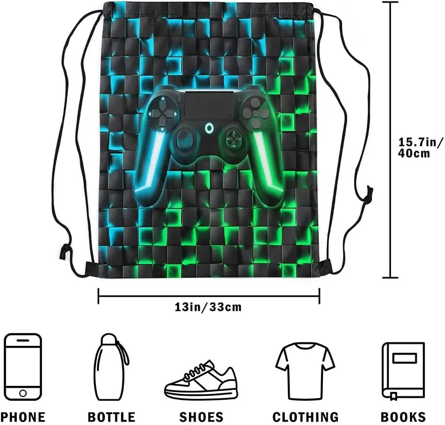 Gaming Drawstring Backpack 13x15.7,Gamer 3D Geometric Ombre Gamepad String Bag,Neon Lights Video Game Reversible Sackpack for Sport Gym Swim Yoga Camping,Green Blue