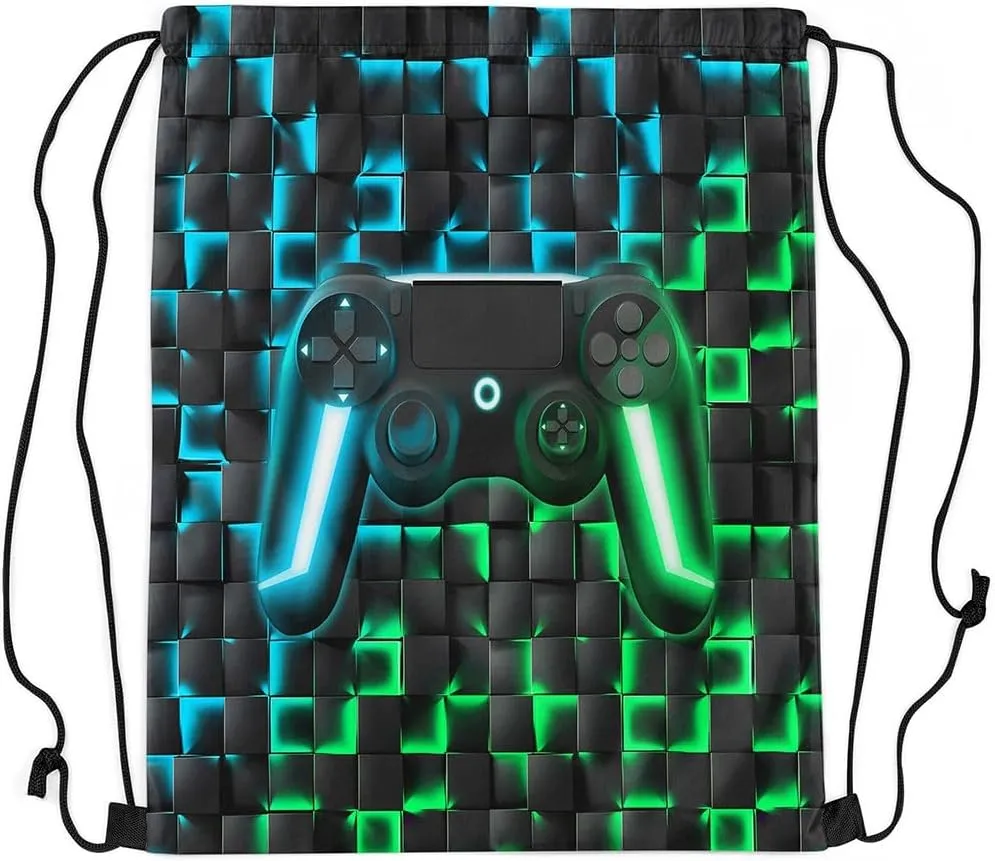 Gaming Drawstring Backpack 13x15.7,Gamer 3D Geometric Ombre Gamepad String Bag,Neon Lights Video Game Reversible Sackpack for Sport Gym Swim Yoga Camping,Green Blue