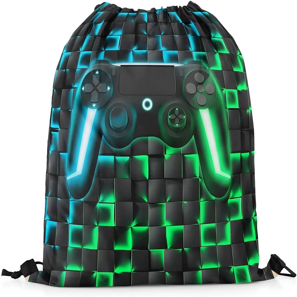 Gaming Drawstring Backpack 13x15.7,Gamer 3D Geometric Ombre Gamepad String Bag,Neon Lights Video Game Reversible Sackpack for Sport Gym Swim Yoga Camping,Green Blue