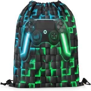 Gaming Drawstring Backpack 13x15.7,Gamer 3D Geometric Ombre Gamepad String Bag,Neon Lights Video Game Reversible Sackpack for Sport Gym Swim Yoga Camping,Green Blue