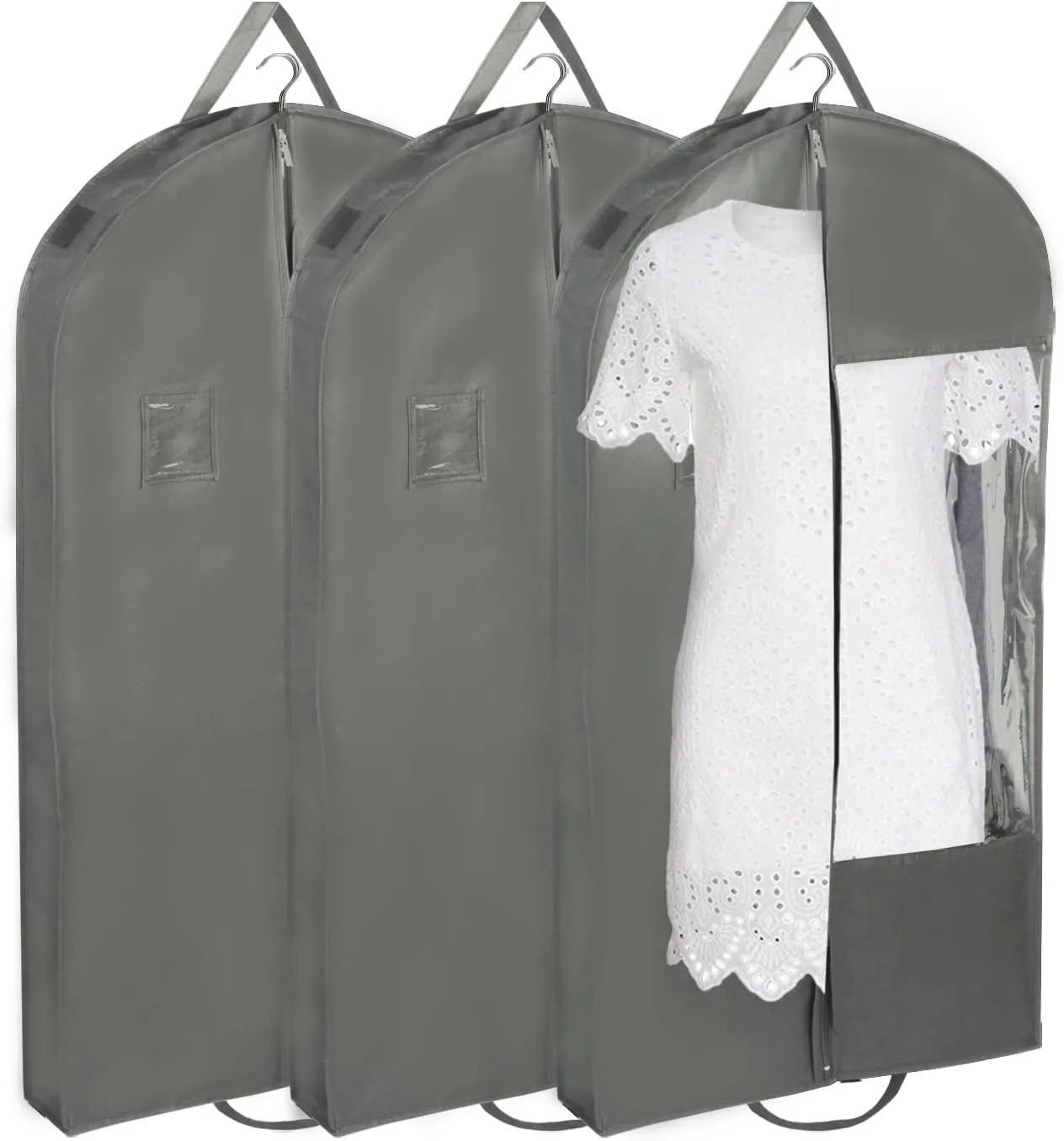Garment Bags for Hanging Clothes with 4" Gussetes, Suit Cover for Clothes,Coats,Fur coat,Suit,Jackets,Dress,Shirts,Skirt. (Grey-50"-3pcs-Double zipper-Non-woven Fabric)