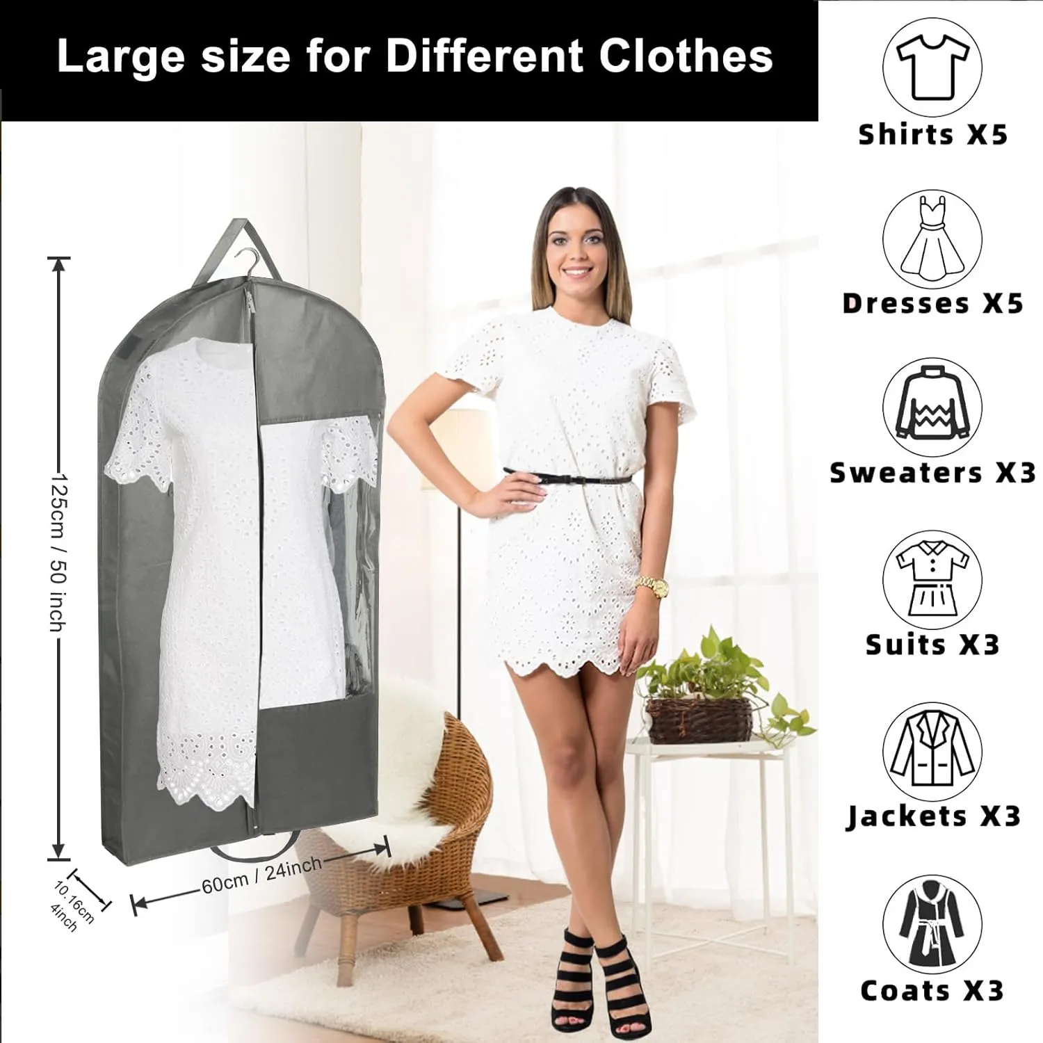 Garment Bags for Hanging Clothes with 4" Gussetes, Suit Cover for Clothes,Coats,Fur coat,Suit,Jackets,Dress,Shirts,Skirt. (Grey-50"-3pcs-Double zipper-Non-woven Fabric)