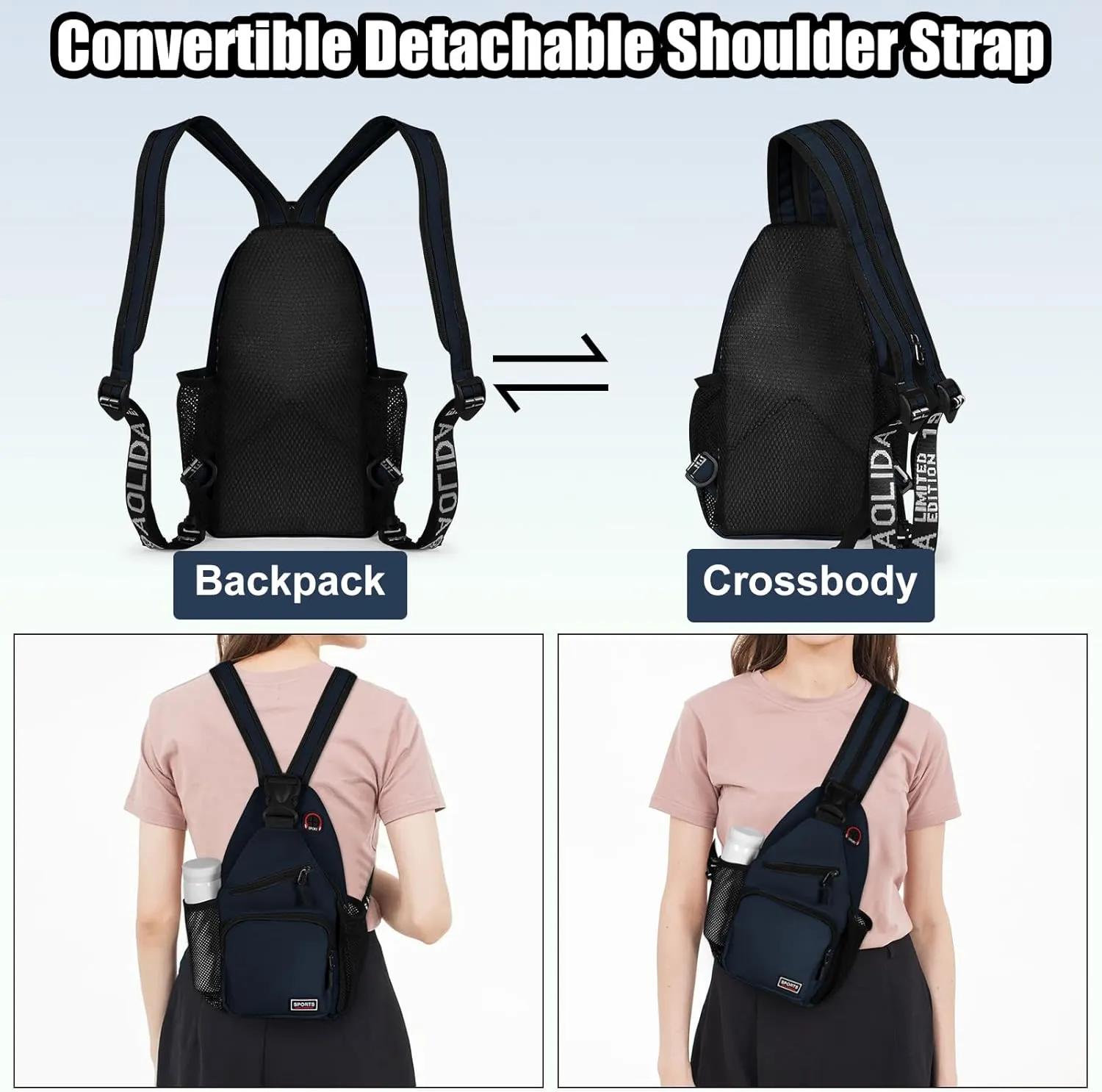 Geestock Crossbody Sling Bag Backpack for Men & Women, Convertible Shoulder Bag Waterproof Chest Bag For Daypack Travel Hiking (Navy Blue)