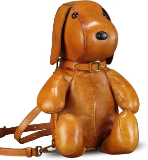 Genuine Leather Backpack for Women Kanpsack Rucksack Handmade Cute Dog Shape Crossbody Shoulder Bag Satchel Purse (Brown)