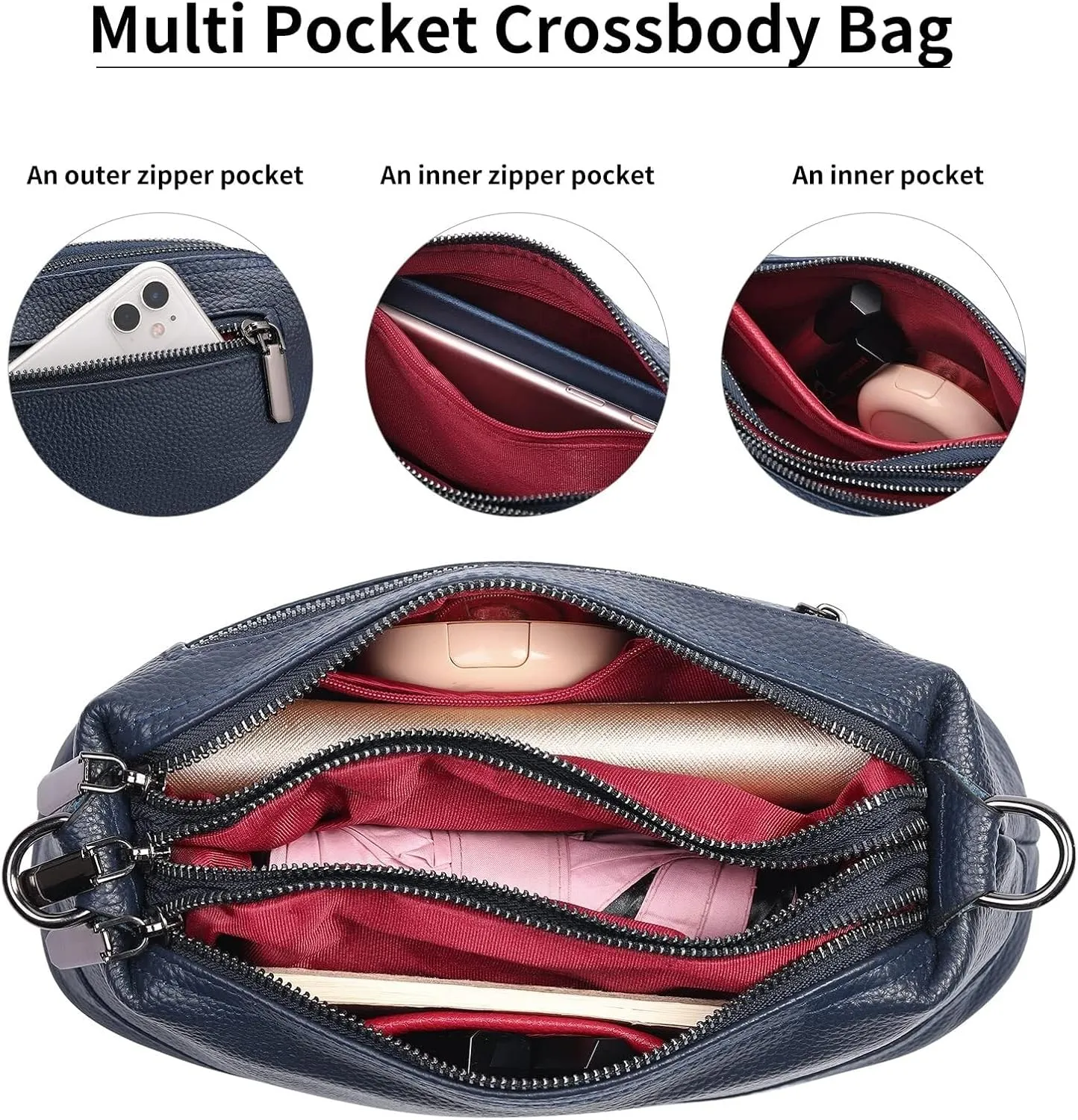 Genuine Leather Crossbody Bags for Women Shoulder Purse Cross Body with Wristlet Top Zipper
