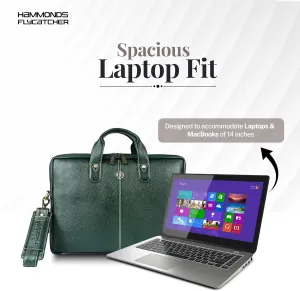 Genuine Leather Office Bag for Men - Laptop Bag for Men - Padded Laptop Compartment, Fits 14 Inch Laptop - Adjustable Strap, 1 Year Warranty - Office, Travel, Daily Use, Green