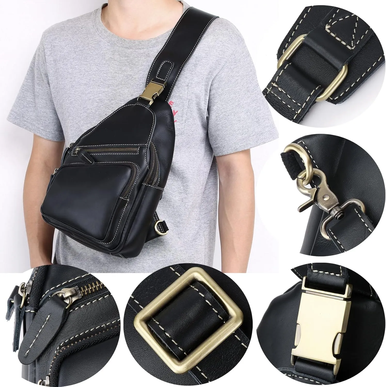 Genuine Leather Sling Bag for Men Women Backpack Chest Shoulder Satchel Crossbody Bags Casual Outdoor Daypack