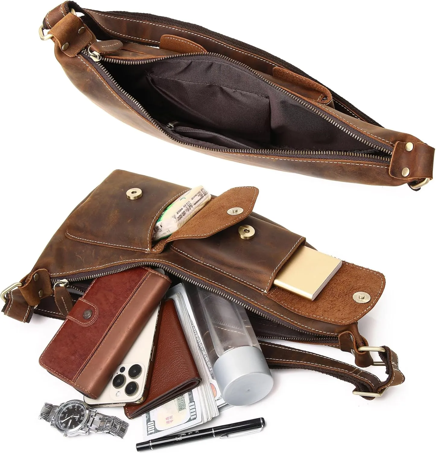 Genuine Leather Sling Bag for Men Women Backpack Chest Shoulder Satchel Crossbody Bags Casual Outdoor Daypack