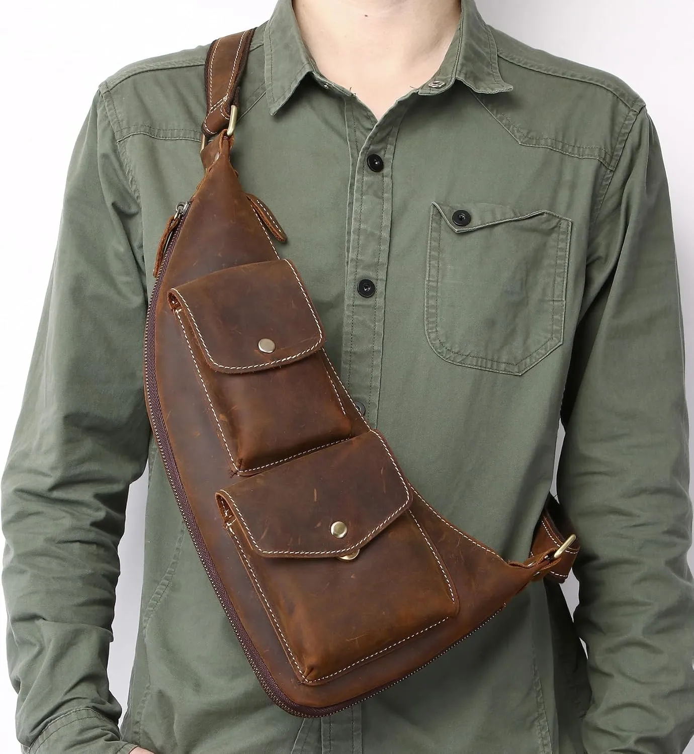 Genuine Leather Sling Bag for Men Women Backpack Chest Shoulder Satchel Crossbody Bags Casual Outdoor Daypack