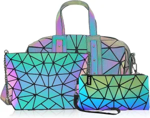 Geometric Boston Handbag for Women Geometric Luminous Purse and crossbody bag Geometric Bags and Holographic shoulder bag Set-3