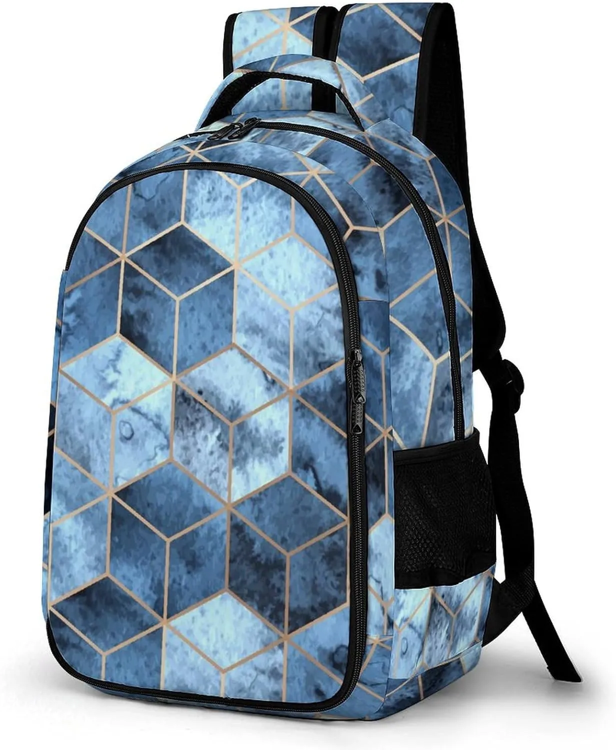 Geometric Dark Blue Large Travel Backpack Watercolor Modern Hexagon Bags Daypack Laptop Work Computer Hiking Back Packs with Multiple Pockets