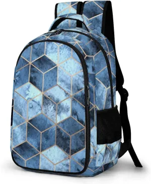 Geometric Dark Blue Large Travel Backpack Watercolor Modern Hexagon Bags Daypack Laptop Work Computer Hiking Back Packs with Multiple Pockets
